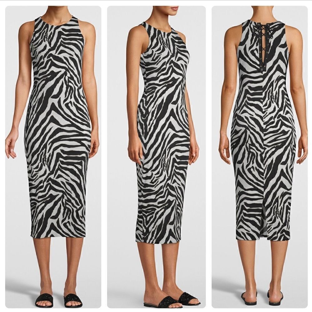 White House Black Market Zebra-Print Jersey Knit Lace-Up Back Dress SMALL